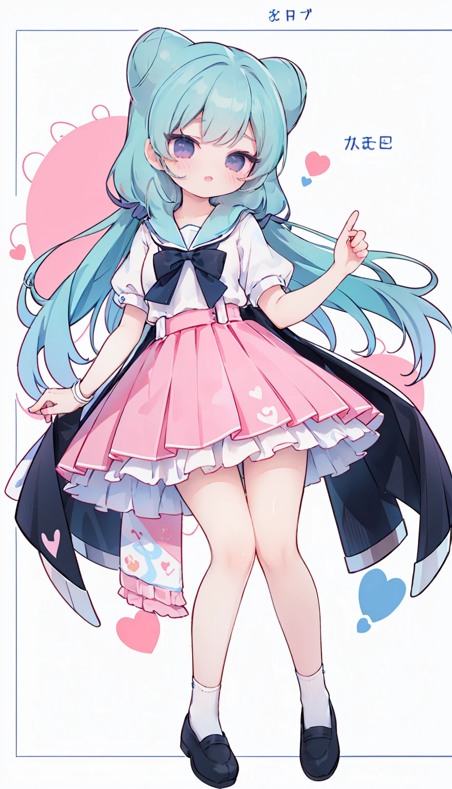 masterpiece, best quality, high resolution, aabeta, double, white simple background, standing, slim waist, cute, sailor uniform, pink bow tie, blue skirt, long socks, (PastelColors: 1.3), full body
