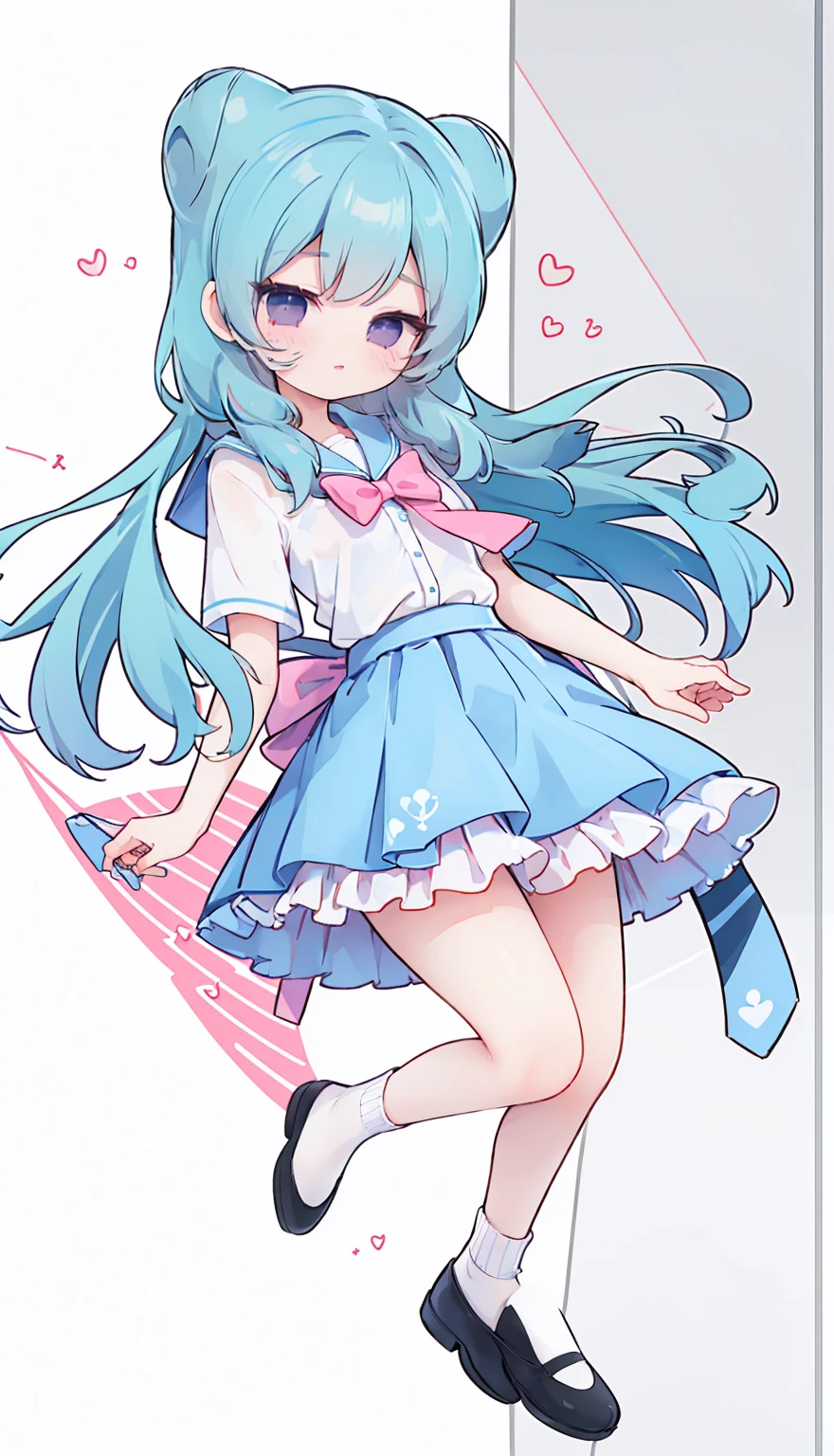 masterpiece, best quality, high resolution, aabeta, double, white simple background, standing, slim waist, cute, sailor uniform, pink bow tie, blue skirt, long socks, (PastelColors: 1.3), full body