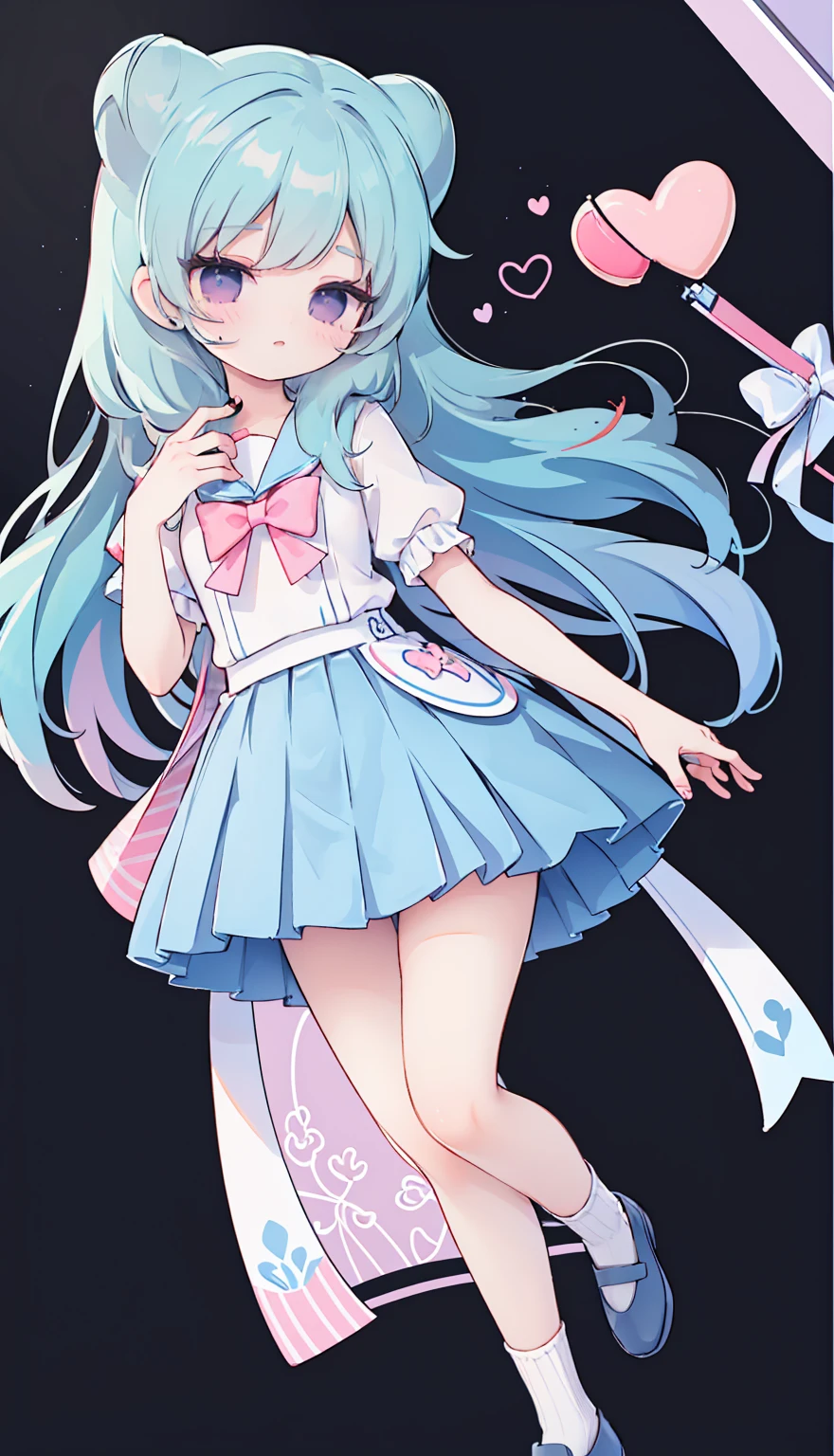 masterpiece, best quality, high resolution, aabeta, double, white simple background, standing, slim waist, cute, sailor uniform, pink bow tie, blue skirt, long socks, (PastelColors: 1.3), full body