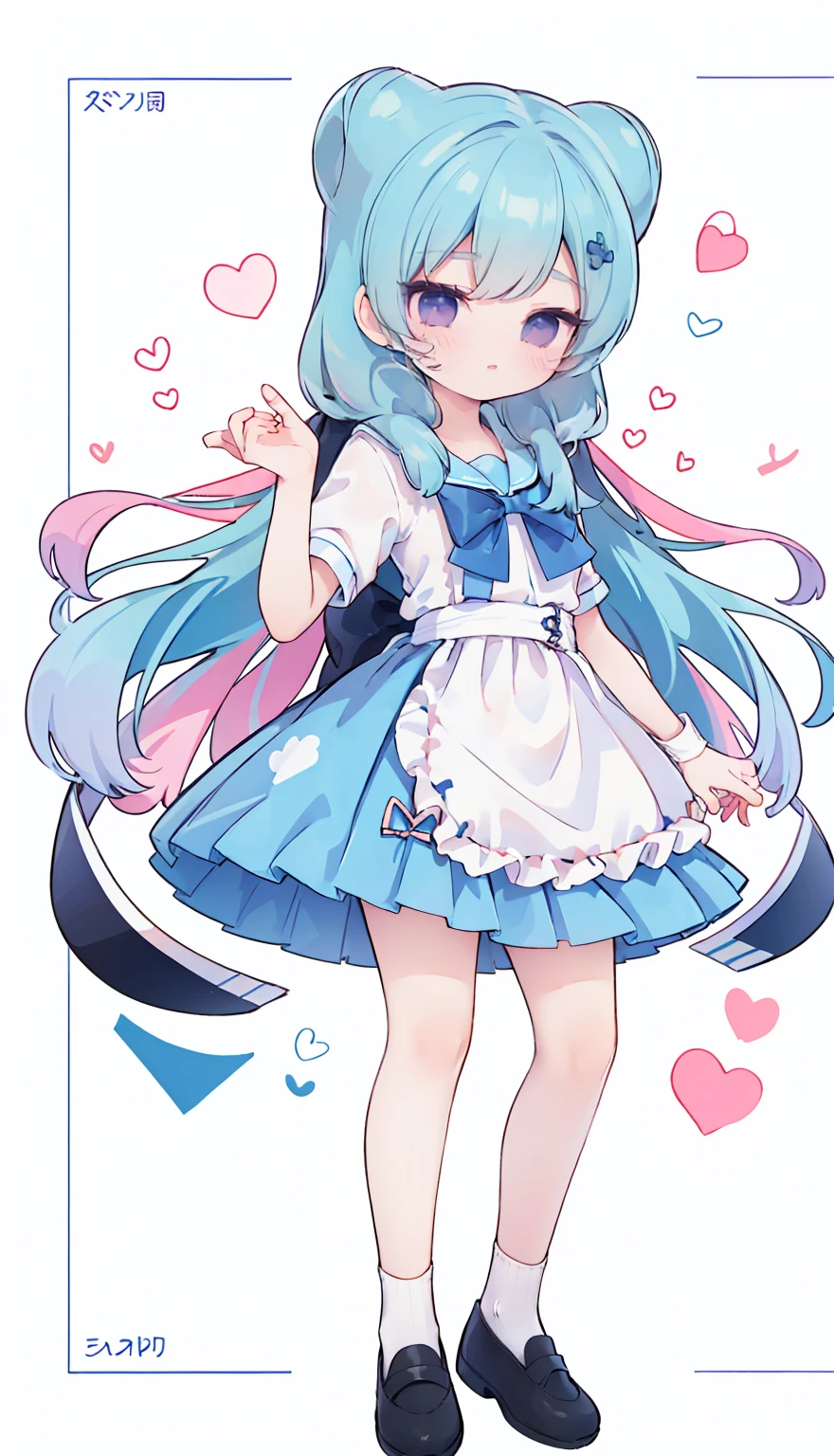 masterpiece, best quality, high resolution, aabeta, double, white simple background, standing, slim waist, cute, sailor uniform, pink bow tie, blue skirt, long socks, (PastelColors: 1.3), full body