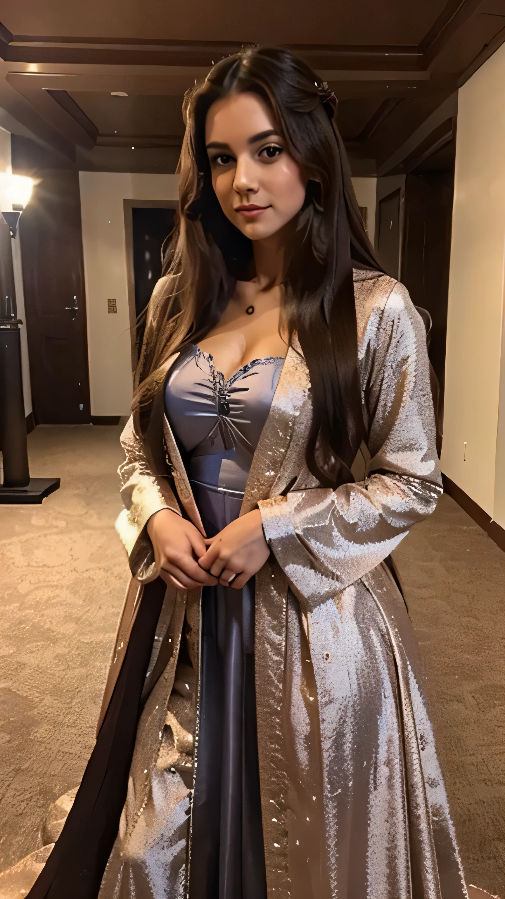 A princess with alluring look in full clothes , long hair 
