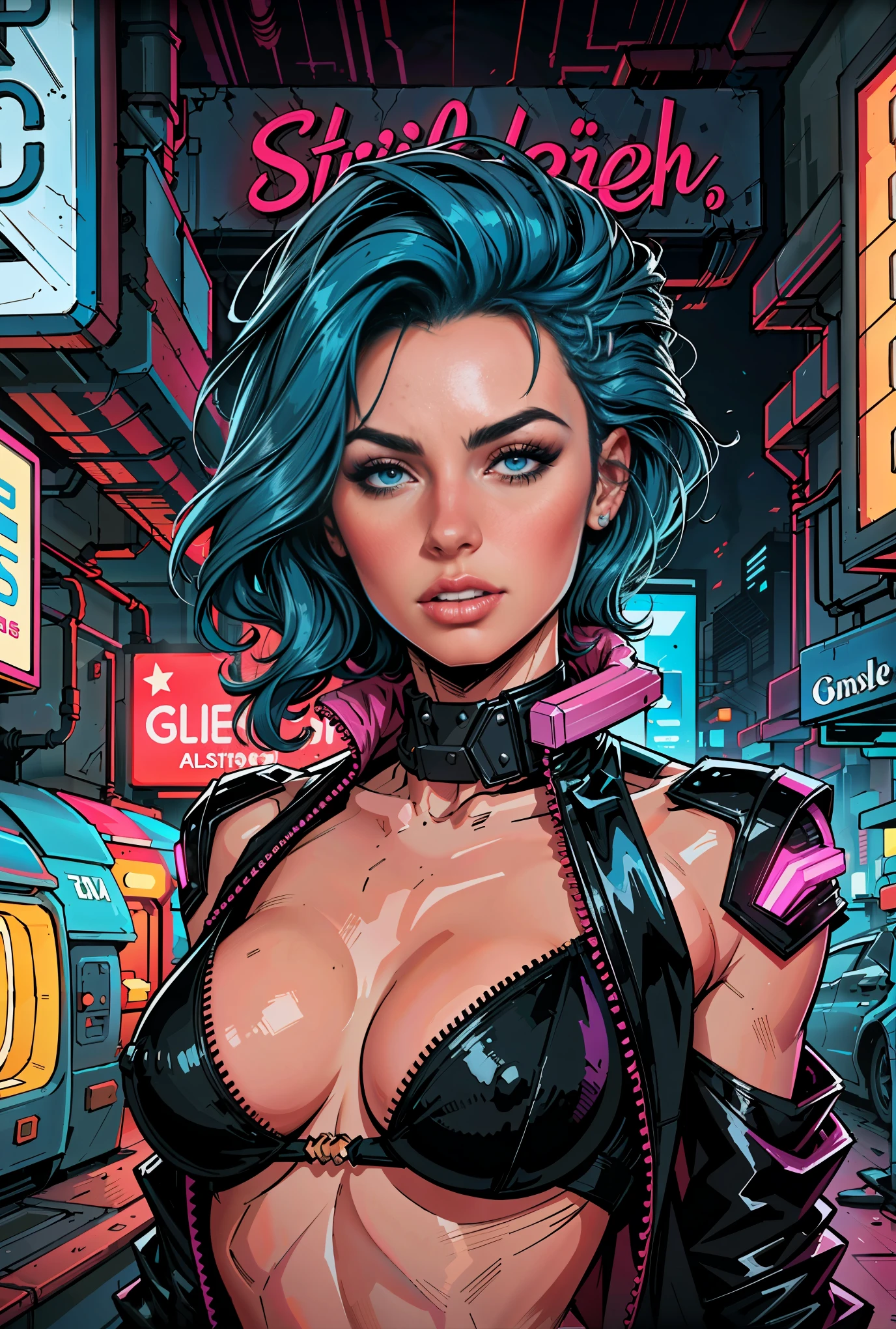 a digital painting of a woman with blue hair, cyberpunk art by Josan Gonzalez, behance contest winner, afrofuturism, synthwave, neon, glowing neon