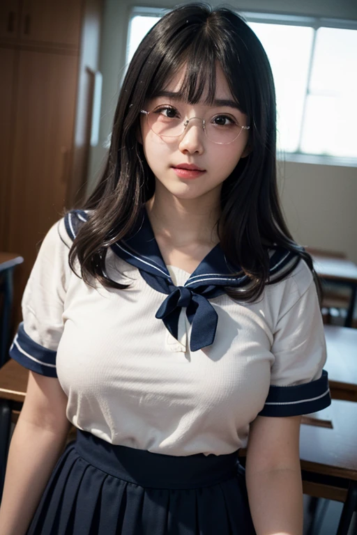 (8K, Raw photo, realistic: 1.25), (Partially gray hair, Cherry-colored natural lips, thin eyebrows, eyelash, teardrops, snappy bangs, shiny face, shiny skin, highest quality, ultra high resolution, Depth of written boundary, chromatic aberration, caustics, wide lighting, natural shading, Neat and clean Japan woman, 15 years old,Glasses, kind, beautiful black hair, smile, Small devil, show me your ears、photo shoot, cute face, thighs, After school classroom, film grain, chromatic aberration, sharp focus, face light, clear lighting, Ten generations, detailed face, background bokeh、((((((15 years oldの女子高生))))))、Glassesをかけている, very big breasts, thin waist、sailor suit、navy blue mini skirt、Lift up the skirt with one hand'hand、White tiny panties