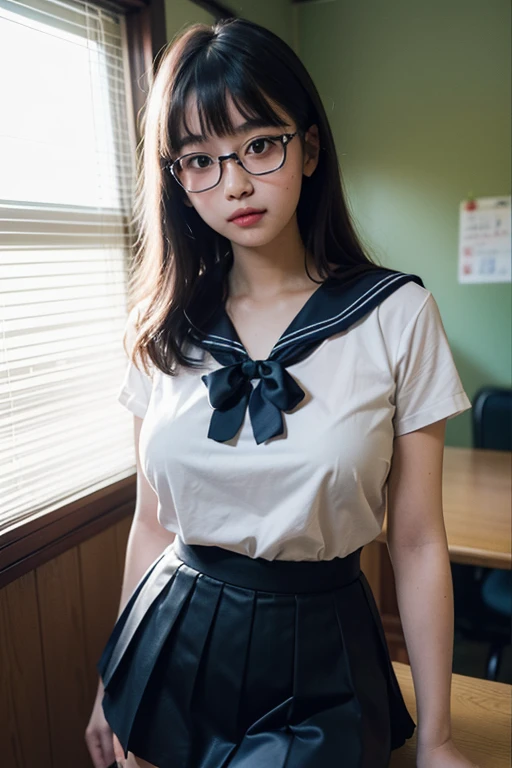 (8K, Raw photo, realistic: 1.25), (Partially gray hair, Cherry colored natural lips, thin eyebrows, eyelash, teardrops, snappy bangs, shiny face, shiny skin, highest quality, ultra high resolution, Depth of written boundary, chromatic aberration, caustics, wide lighting, natural shading, Neat and clean Japan woman, 15 years old,Glasses, kind, beautiful black hair, smile, Small devil, show me your ears、photo shoot, cute face, thighs, After school classroom, film grain, chromatic aberration, sharp focus, face light, clear lighting, Ten generations, detailed face, background bokeh、((((((15 years oldの女子高生))))))、Glassesをかけている, very big breasts, slender body, sailor suit、navy blue mini skirt、white socks, black loafers, White tiny panties