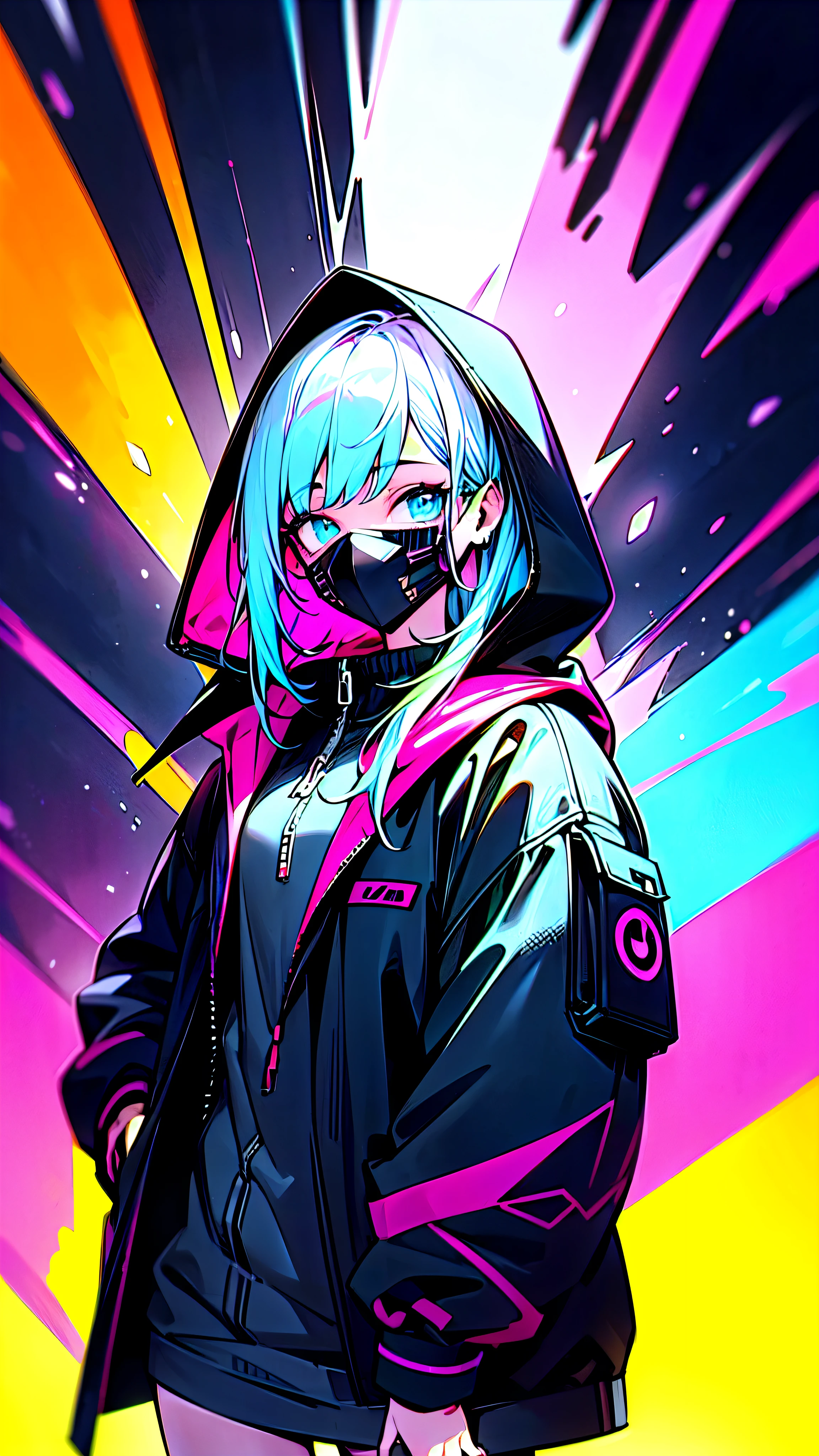 score_9, score_8_up, score_7_up, score_6_up, ((best quality,4k, highres,masterpiece)), 1girl, "Against the bright neon lights of a modern cityscape stands a lone girl. She is dressed in a hoodie with the hood up and a backpack on her shoulder, and her white hair touches her back, creating a contrast with the bright colors of the city around her. A mask is visible on the girl's face, partially hiding her features, and only her eyes reflect thoughtfulness and mystery. The mask and the girl's jacket are dominated by bright neon colors, which seem to be enlivened by the surrounding neon lights, creating a unique lighting effect. The jacket, instead of the traditional black color, looks like a bright neon palette, emphasizing her personality and style. Illuminated by neon lights, these bright colors give the girl's image an atmosphere of modernity and futurism. The painting is filled with bright and saturated colors that reflect the street style atmosphere and cyberpunk aesthetics. The image is rendered in 4K resolution, providing excellent quality and detail that gives the picture realism and depth. It's a scene that epitomizes loneliness and brooding in a modern metropolis where everyone exists in their own digital world, and this masterpiece work of art immerses the viewer in a world of vivid and futuristic imagery."