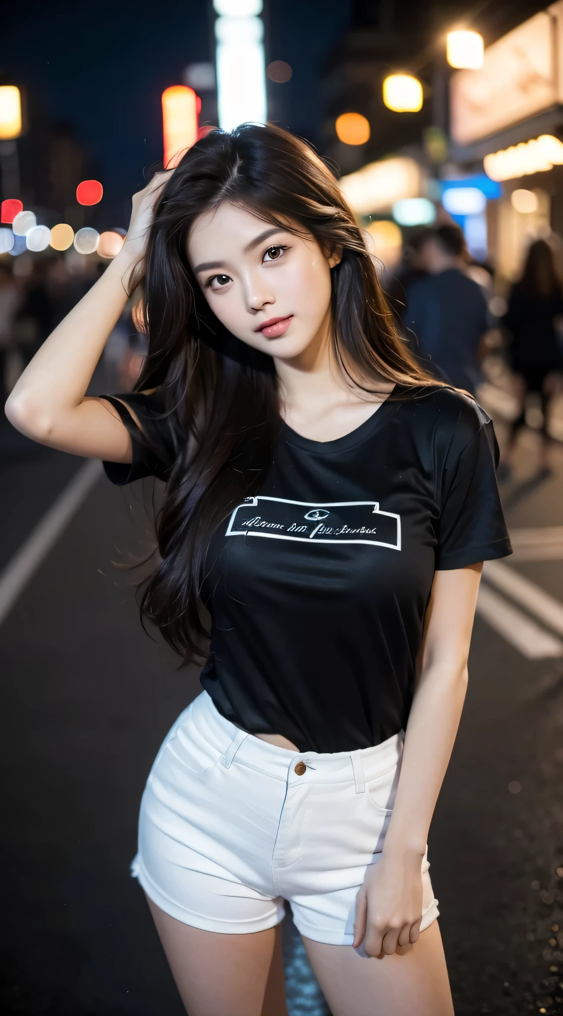 (best quality:1.2,4k ultra hd:1.2), a girl, beautiful face, full and glossy lips, long flowing hair, perfectly straightened, small breasts, (black t-shirt:1.5), (opened shirt:1), jeans, complete with a cap, sparkling sunglasses, capturing her character and charm, with a blurred background enhancing the relaxed atmosphere, showcasing her confidence and elegance,