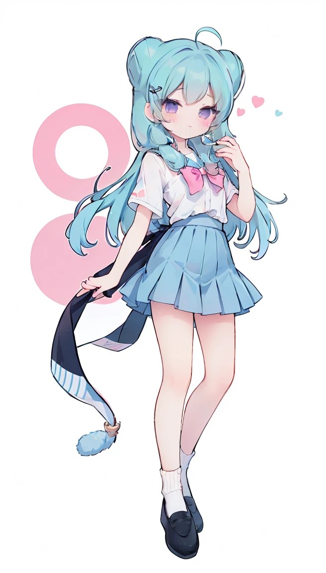 masterpiece, best quality, high resolution, aabeta, double, white simple background, standing, slim waist, cute, sailor uniform, pink bow tie, blue skirt, long socks, (PastelColors: 1.3), full body