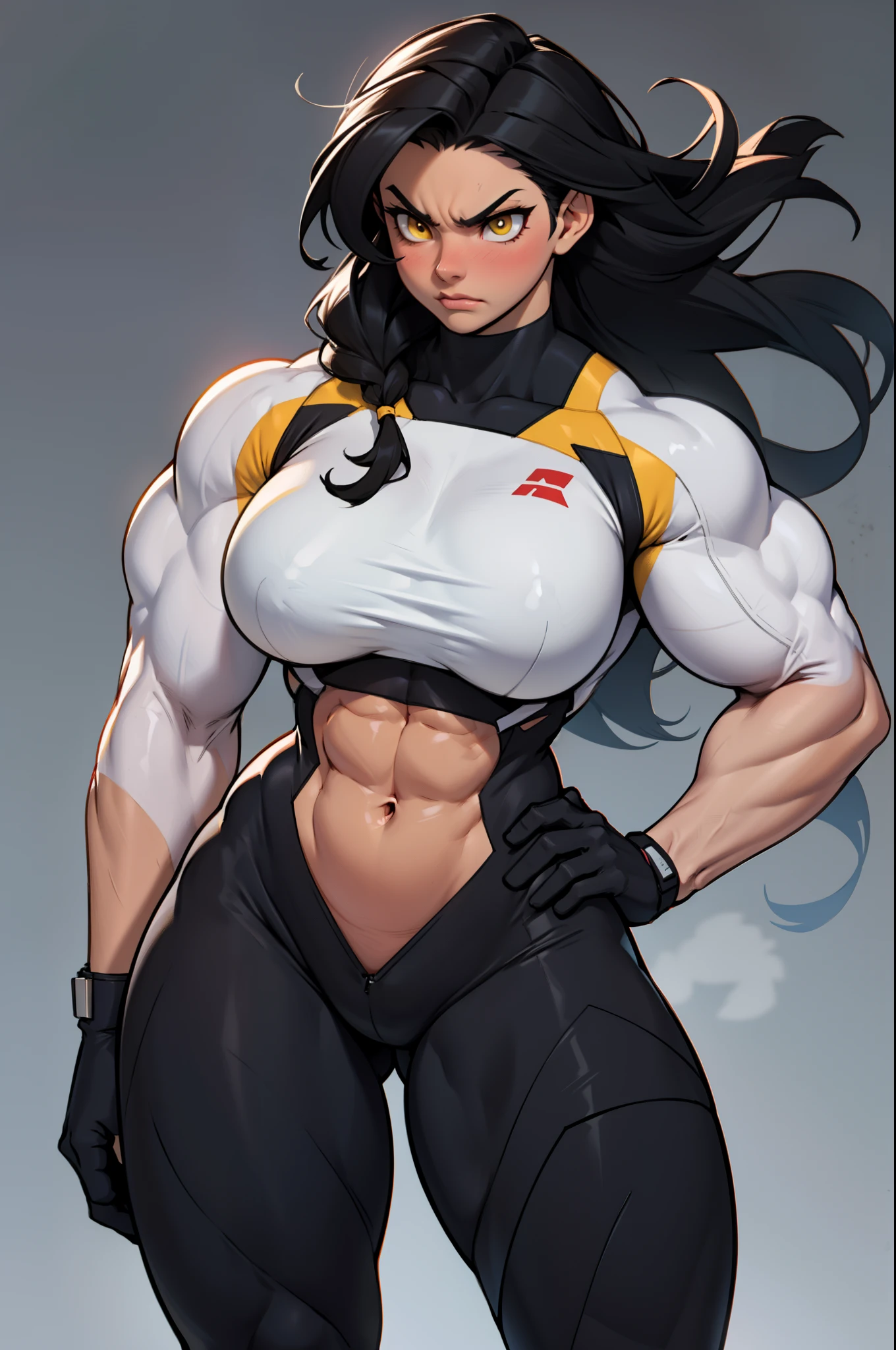 1girl (((muscular toned body))) huge breasts thick thighs wide hips curvy abs black hair yellow eyes very long hair pale skin voluptuous angry blush bodysuit