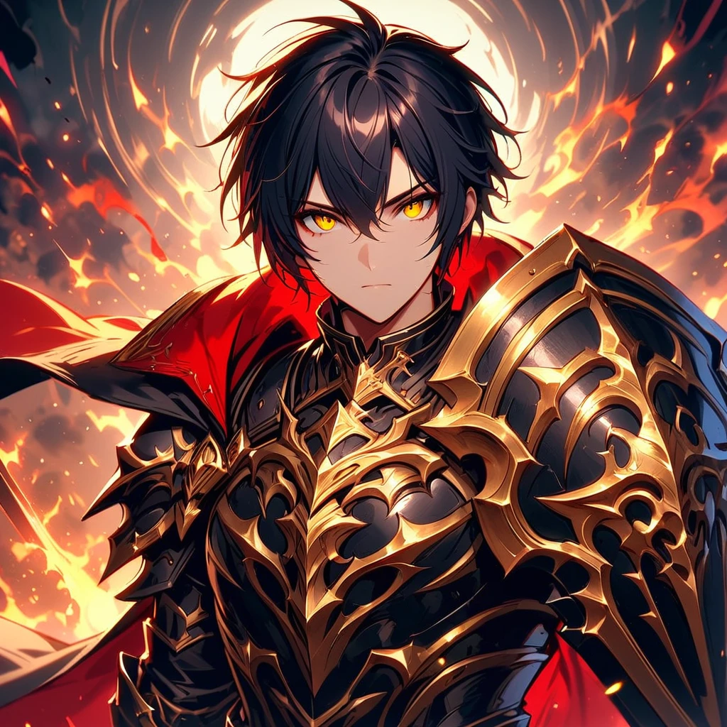 masterpiece, best quality, 1man, adult, male focus, solo, medium black hair, vibrant yellow eyes, gloves, hair between eyes, looking at viewer, cape, High quality metal texture, semi metal armor, closed mouth, black metallic gloves, upper body, bangs, high collar,(kbxll:0.6), Fantasy aesthetics, Highly detailed, shadowverse character concept, shadowverse style, Sword and shield, Full-Boddy