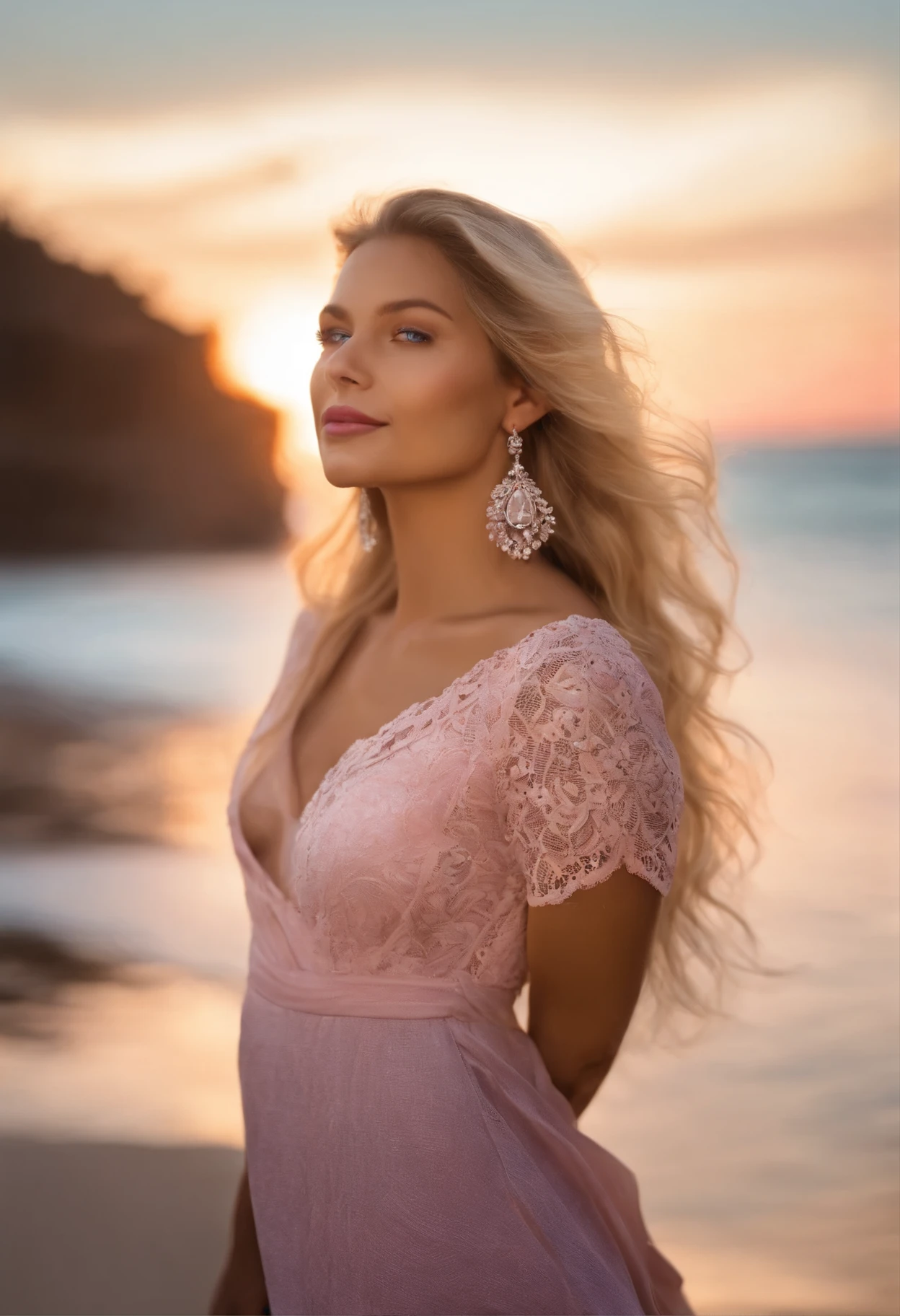 Create a Brazilian woman, who is blonde, who has long hair, delicate bangs, who has blue eyes like the calm of the sea, who has a slightly upturned nose, who is cute, has fair skin, is beautiful, and has a smile beautiful, has a pink mouth and wears purple earrings, she is wearing a shirt that has the colors blue and light pink
