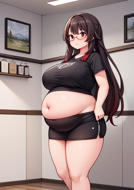 (masterpiece, best quality, highly detailed), 1girls, big belly, huge belly, art by kipteitei, round belly, chubby, curvy, belly grab, enormous belly, fat belly, thicc, bigger belly, really big belly, jiggly belly, shirt covering belly, belly cover by shirt, glasses, ((full body)), long hair