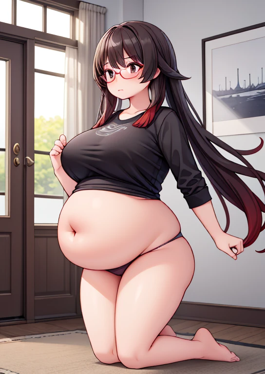 (masterpiece, best quality, highly detailed), 1girls, big belly, huge belly, art by kipteitei, round belly, chubby, curvy, belly grab, enormous belly, fat belly, thicc, bigger belly, really big belly, jiggly belly, shirt covering belly, belly cover by shirt, glasses, ((full body)), long hair