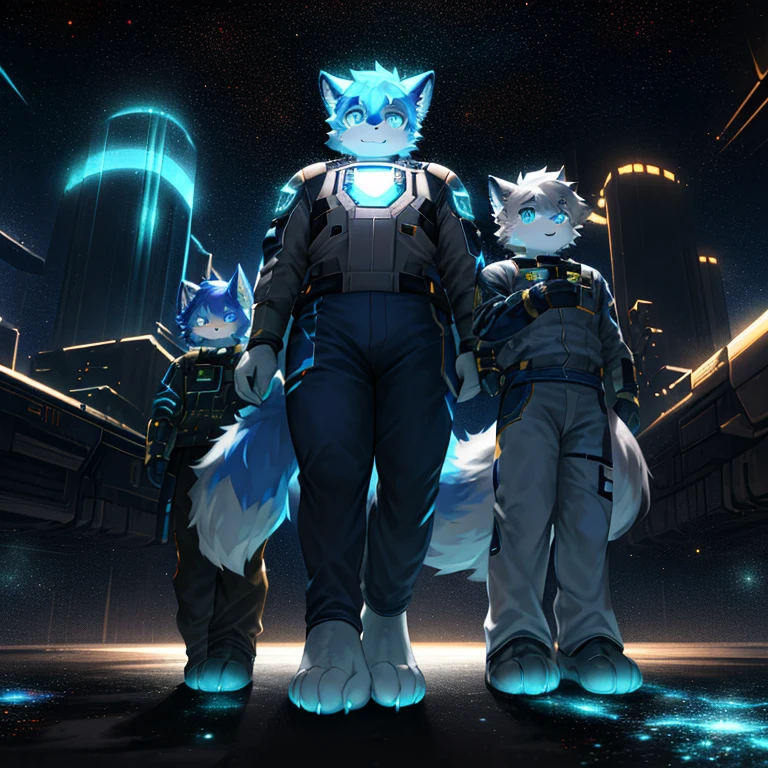 "(高品质of科幻风景和阴影，Ray tracing，Particle effect，8K resolution)，(Cat-eared Shota boy and oversized wolf tail+Large long ears)of(White luminous pants+皮毛是白色of+and blue tricolor luminous clothes)，Wearing a futuristic sci-fi naval battle command uniform，Space Helmet，Bestial foot，它散发着神秘而英姿飒爽of可爱气质。"