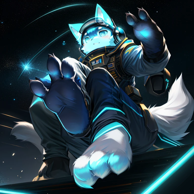 "(高品质of科幻风景和阴影，Ray tracing，Particle effect，8K resolution)，(Cat-eared Shota boy and oversized wolf tail+Large long ears)of(White luminous pants+皮毛是白色of+and blue tricolor luminous clothes)，Wearing a futuristic sci-fi naval battle command uniform，Space Helmet，Bestial foot，它散发着神秘而英姿飒爽of可爱气质。"