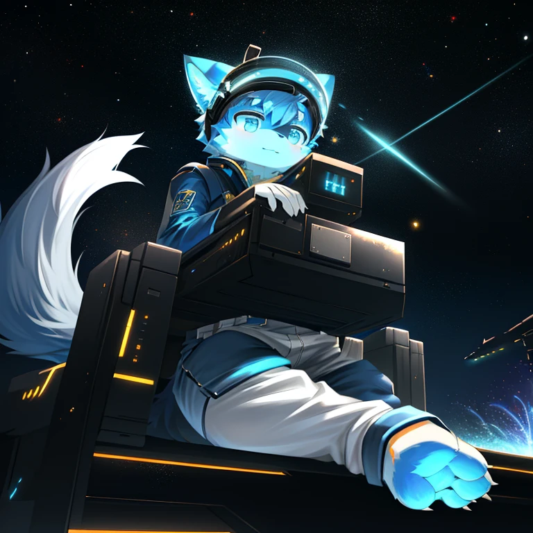 "(高品质of科幻风景和阴影,Ray tracing,Particle effect,8K resolution),(Cat-eared Shota boy and oversized wolf tail+Large long ears)of(White luminous pants+皮毛是白色of+and blue tricolor luminous clothes),Wearing a futuristic sci-fi naval battle command uniform,Space Helmet,Bestial foot,它散发着神秘而英姿飒爽of可爱气质。"