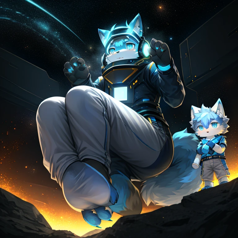 "(高品质of科幻风景和阴影,Ray tracing,Particle effect,8K resolution),(Cat-eared Shota boy and oversized wolf tail+Large long ears)of(White luminous pants+皮毛是白色of+and blue tricolor luminous clothes),Wearing a futuristic sci-fi naval battle command uniform,Space Helmet,Bestial foot,它散发着神秘而英姿飒爽of可爱气质。"