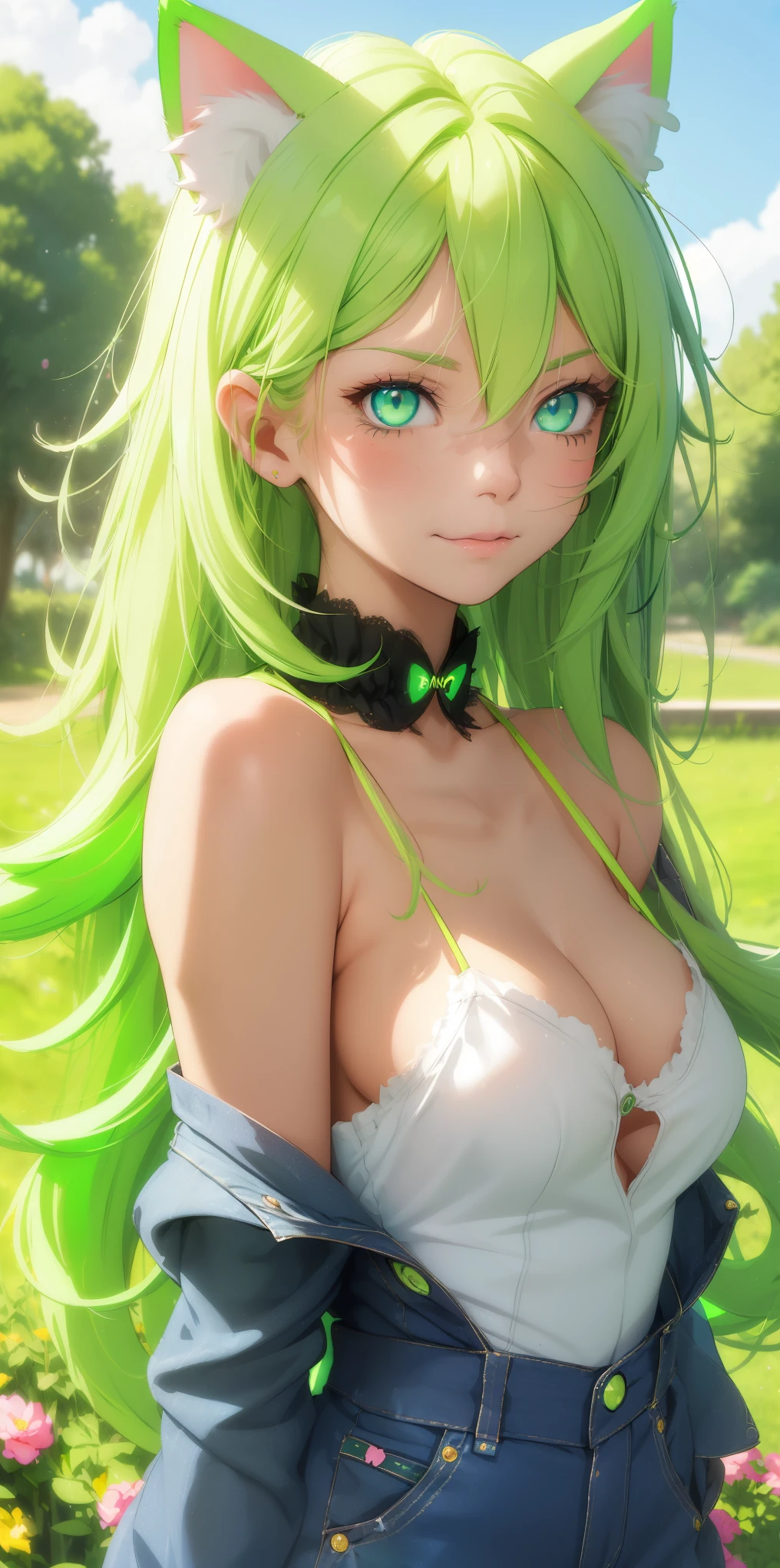 (((1 cat girl ))), ((cat ears)) solo, (((long neon green hair blown by the wind))), blue eyes, cropped and short kawaii denim jumpsuit, spaghetti strap, short, lace, look at viewer, luxurious, elegant, extremely detailed, pink lips, smiling, shy, feminine charm, blurry, beautiful sky, trees, garden, butterfly, beautiful flowers, depth of field, shy pose