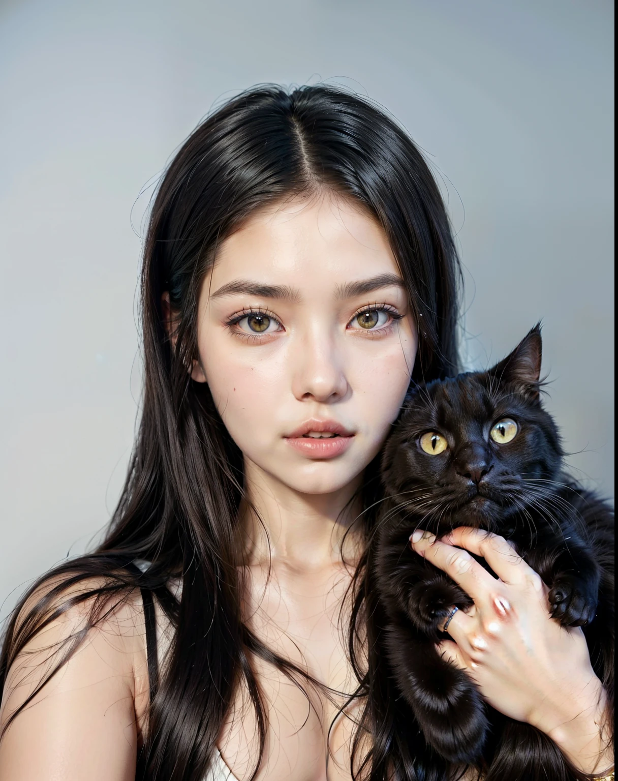 araffe woman with long black hair holding a black cat, beautiful young catgirl, attractive cat girl, very beautiful cute catgirl, woman / cat hybrid, soft devil queen madison beer, asian features, asian girl, catgirl, xision wu, with cats on her side, woman and cat, cat girl, cat - like scarlet eyes