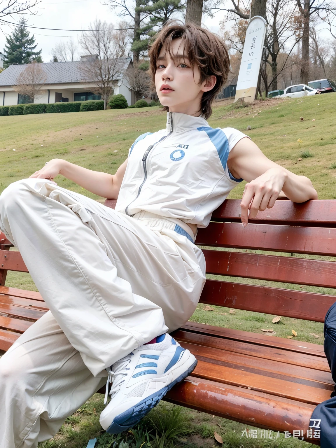 there is a male sitting on a bench with her legs crossed, jung jaehyun, cai xukun, park jimin, jungkook, wearing track and field suit, kim doyoung, jinyoung shin, male ulzzang, wearing a track suit, hyung tae, jia, delicate androgynous prince, yan, ❤🔥🍄🌪, sitting on the ground