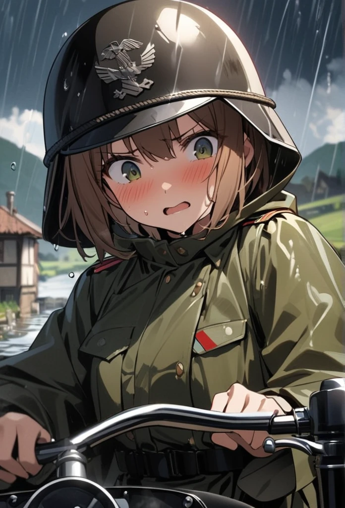 High quality, high definition images, full HD、8k.1 girl solo.old german military uniform,short hair,wear a german military helmet,chestnut hair,
drive a old military motorcycle,military raincoat,A peaceful rural village,In the sky after the rain,Wringing out the jacket, water flowing,Only a bra on her upper body, a panicked face