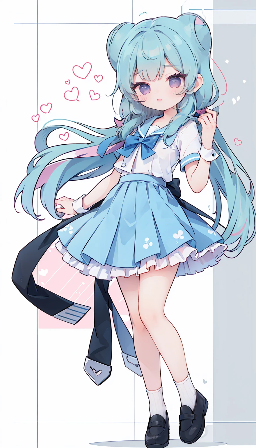 masterpiece, best quality, high resolution, aabeta, double, white simple background, standing, slim waist, cute, sailor uniform, pink bow tie, blue skirt, long socks, (PastelColors: 1.3), full body