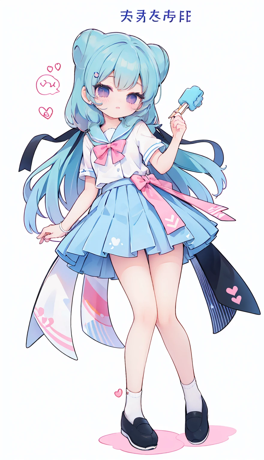 masterpiece, best quality, high resolution, aabeta, double, white simple background, standing, slim waist, cute, sailor uniform, pink bow tie, blue skirt, long socks, (PastelColors: 1.3), full body