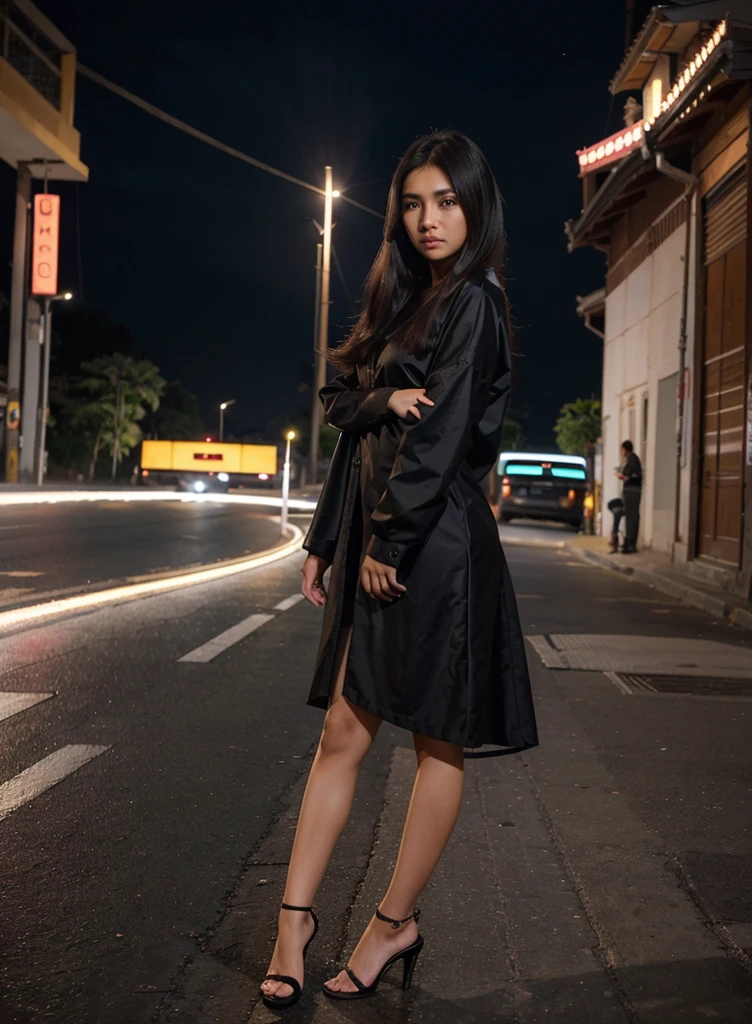 Gadis cantik, rambut panjang, tanpa pakaian sehelai, memamerkan vagina indah perawan,berbulu, pose dijalan raya,suasana malam hari, mistis, Photorealistic Hd
