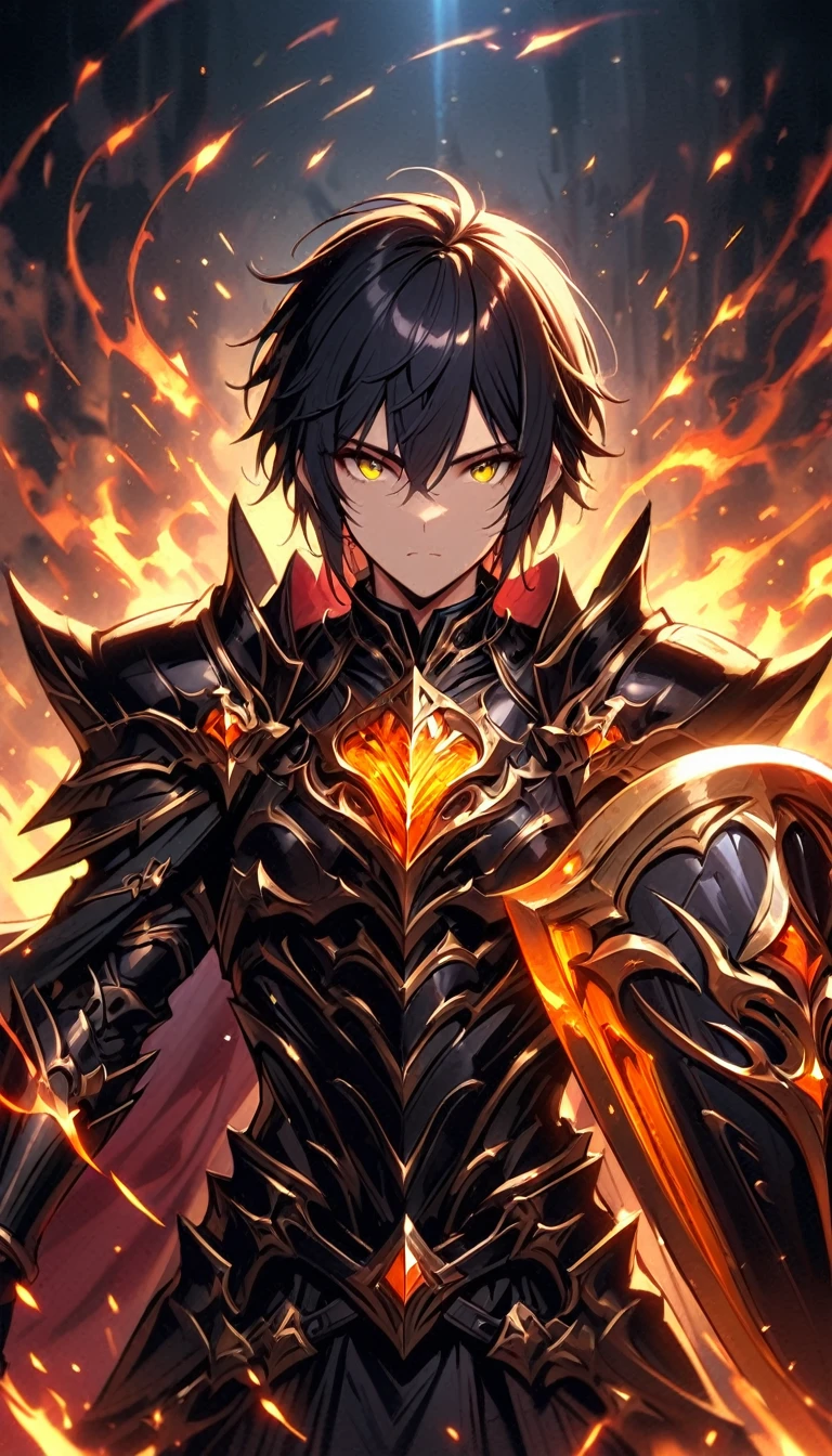 masterpiece, best quality, 1man, adult, male focus, solo, medium black hair, vibrant yellow eyes, gloves, hair between eyes, looking at viewer, cape, High quality metal texture, semi metal armor, closed mouth, black metallic gloves, upper body, bangs, high collar,(kbxll:0.6), Fantasy aesthetics, Highly detailed, shadowverse character concept, shadowverse style, Sword and shield, Full-Boddy