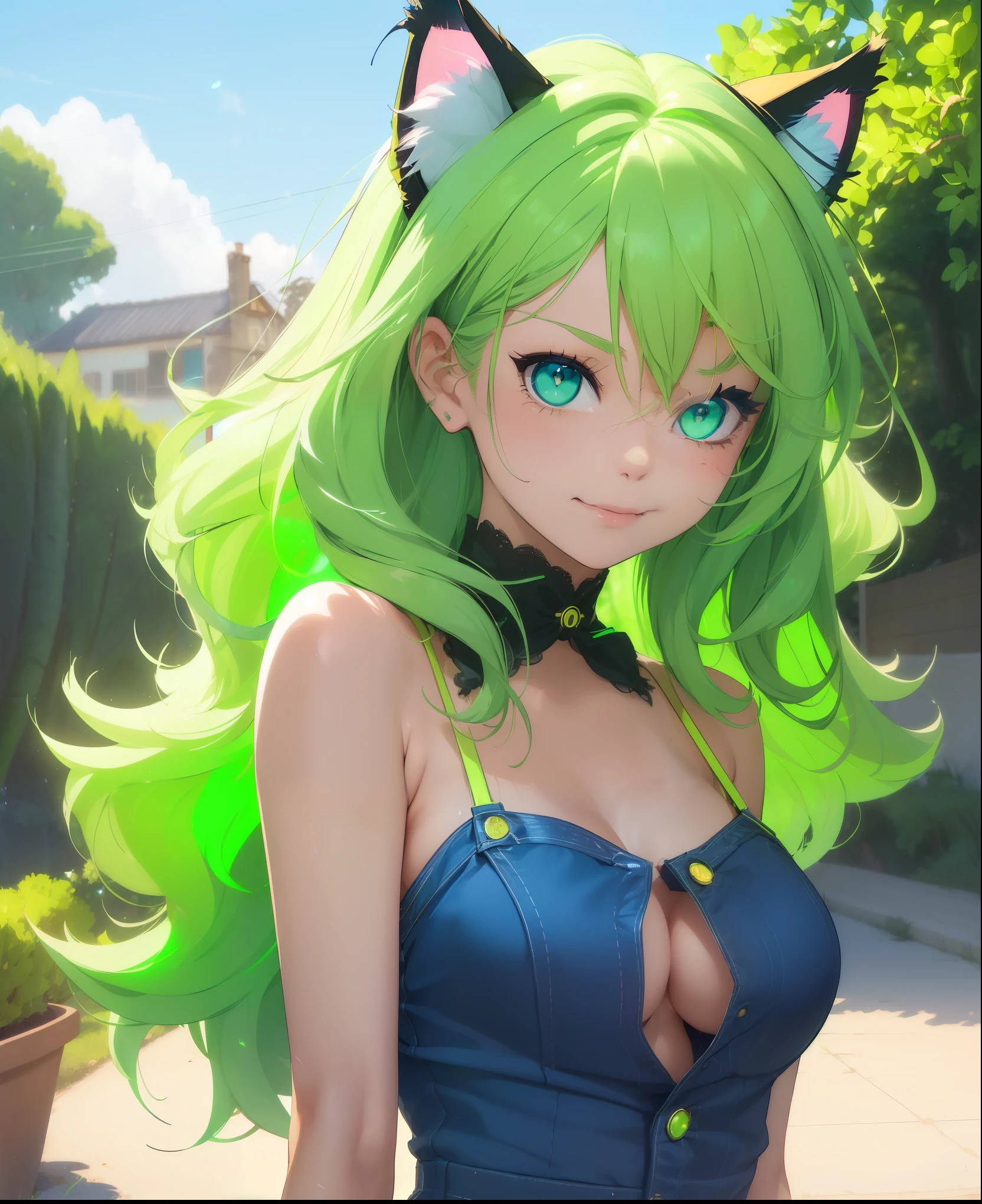 (((1 cat girl ))), ((cat ears)) solo, (((long neon green hair blown by the wind))), blue eyes, cropped and short kawaii denim jumpsuit, spaghetti strap, short, lace, look at viewer, luxurious, elegant, extremely detailed, pink lips, smiling, shy, feminine charm, blurry, beautiful sky, trees, garden, butterfly, beautiful flowers, depth of field, shy pose