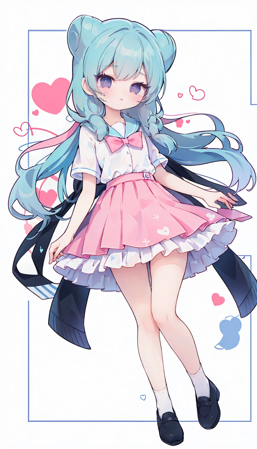 masterpiece, best quality, high resolution, aabeta, double, white simple background, standing, slim waist, cute, sailor uniform, pink bow tie, blue skirt, long socks, (PastelColors: 1.3), full body
