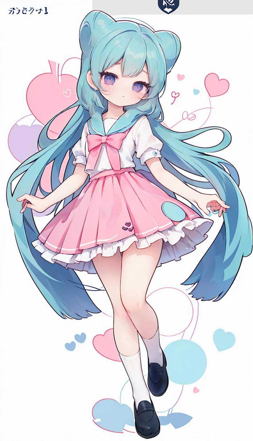 masterpiece, best quality, high resolution, aabeta, double, white simple background, standing, slim waist, cute, sailor uniform, pink bow tie, blue skirt, long socks, (PastelColors: 1.3), full body