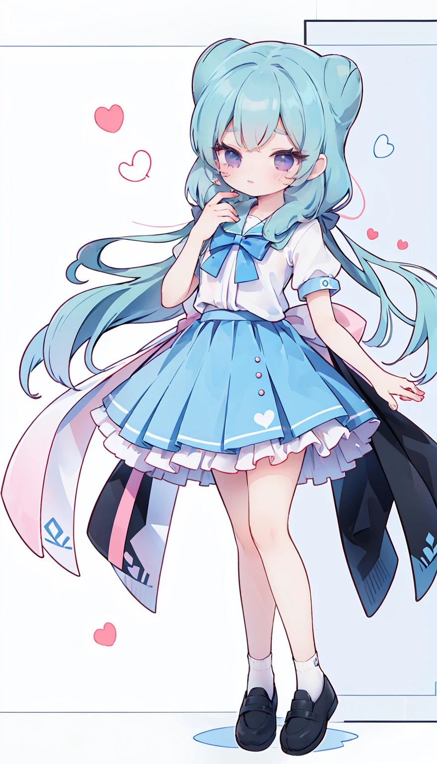 masterpiece, best quality, high resolution, aabeta, double, white simple background, standing, slim waist, cute, sailor uniform, pink bow tie, blue skirt, long socks, (PastelColors: 1.3), full body