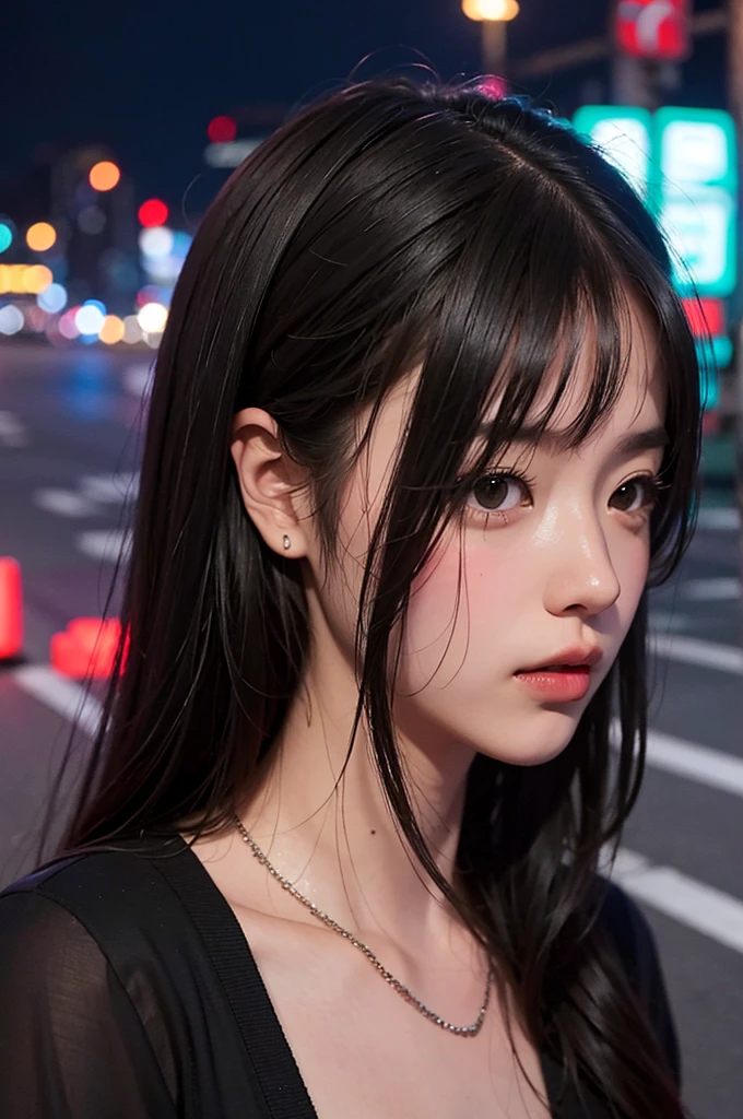 1 girl, tokyo road,nighttime, city scenery,city lights, upper body,close up, 8k, raw photos, best quality, Masterpiece,realistic, photo-realistic,