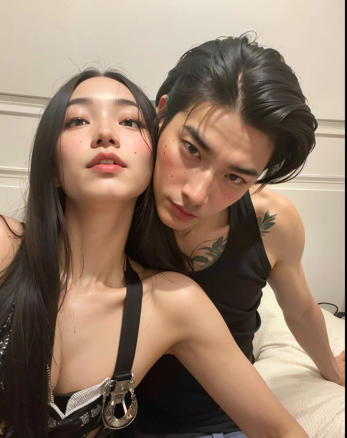 there is a man and woman sitting on a bed together, roberto ferri and ruan jia, ruan jia and brom, jordan grimmer and natasha tan, jin shan and ross tran, sha xi, cai xukun, steven klein, xision wu, yanjun chengt, profile pic, kda and sam yang, gemma chen, ruan jian