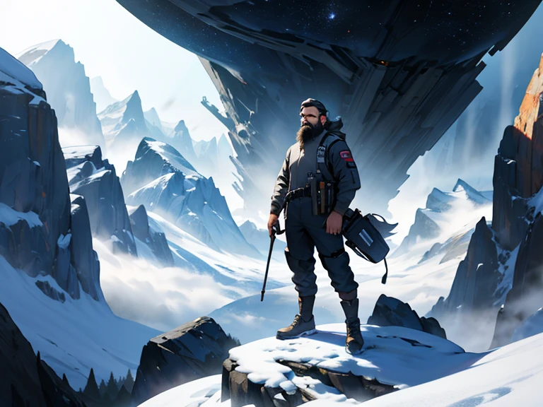 Create an animated picture of a bearded man standing in awe of the space and scenery.
