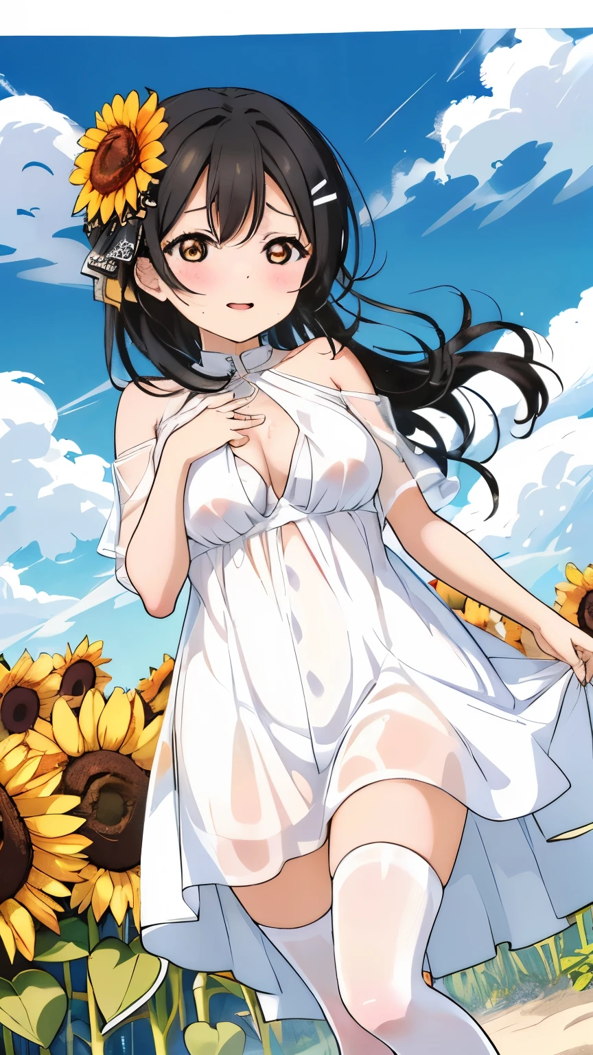 1 girl, alone,  brown eyes, black hair, long hair,half up、 (white dress:1.4),Sunflower field, Sunflower fieldの前に立つ、blue sky、very big breasts、expose one&#39;s chest、Bare your breasts、nipples are transparent、blush、embarrassing、scared face、in trouble、A lot of milk comes out of the nipples、Breast milk squirts out of the nipples、very short skirt、micro mini skirt、The shape of a woman&#39;s private parts is clearly visible、vibrator in thighhighs、The crotch is wet with love juice、Love juice is dripping from the crotch