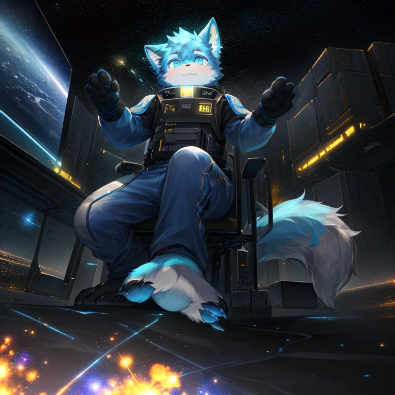 "(高品质of科幻风景和阴影，Ray tracing，Particle effect，8K resolution)，(Cat-eared Shota boy and oversized wolf tail+Large long ears)of(White luminous pants+皮毛是白色of+and blue tricolor luminous clothes)，Wearing a futuristic sci-fi naval battle command uniform，Space Helmet，Bestial foot，它散发着神秘而英姿飒爽of可爱气质。"