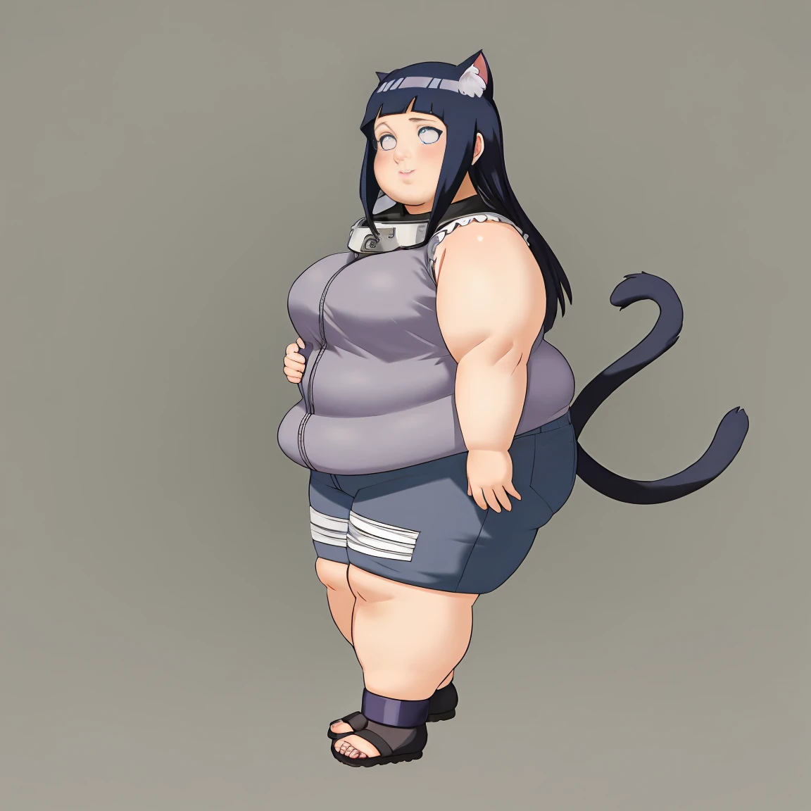 Masterpiece, 4k, highres, high Quality, detailed face, detailed body render, detalhed eyes, 1girl, chubby hyuuga hinata, hinata-sleeveless-outfit, large breasts, neko ears in head, big breast, sleeveless shirt, fishnet top, thick thighs, fat arms, big butt, big cheeks, cute and fat face