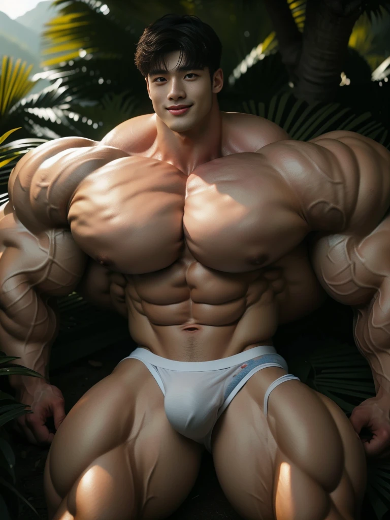 (best quality:1.5, hyperrealistic:1.5, photorealistic:1.4, madly detailed CG unity 8k wallpaper:1.5, masterpiece:1.3, enthusiastically detailed photo:1.2), (hyper-realistic lifelike texture:1.4), highly detailed, ((masterpiece, best quality)), ,extremely detailed 8K wallpaper, 1 corean male, (corean man with k-pop idol look), 20yo, handsome, detailed face, stubble, muscular, naked, underwear, prominent bulge, photo real, illuminating light, big, brutalmass, giant, muscular body, sexy, bulk, massive body, large size, smile, in the forest