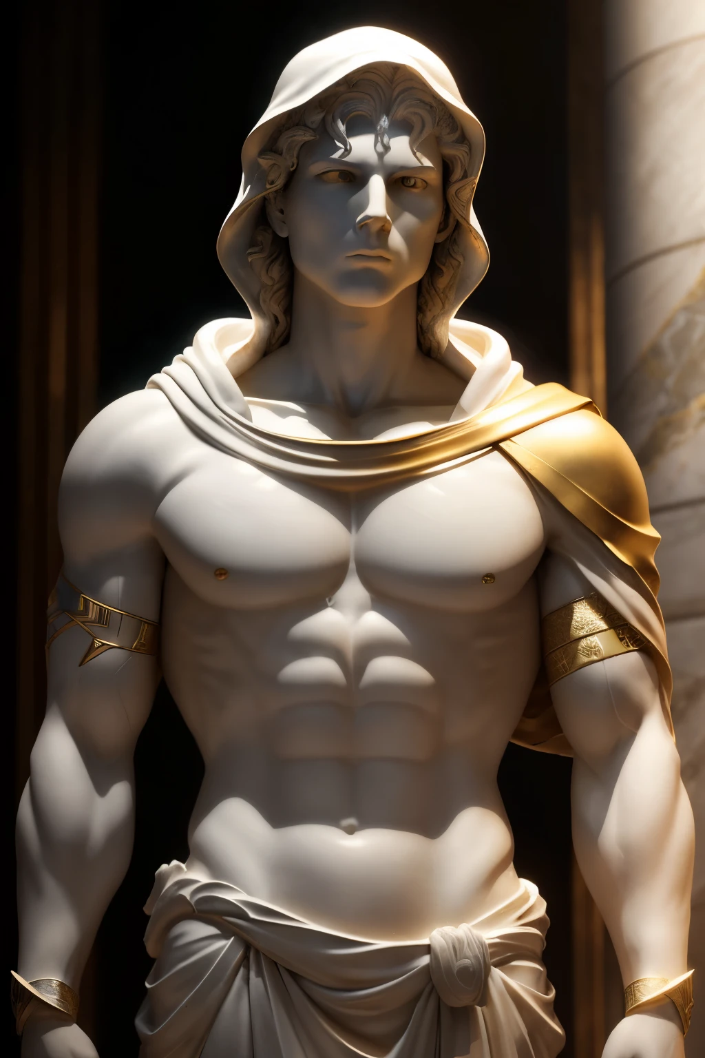 A realistic Greek white marble statue of thoughtful, brave Filmmaker Snake, intricately wearing a hooded robe, set against a muted, mysterious backdrop, with a thoughtful and introspective expression, captured in high-definition, ultra-realistic detail, featuring sharp features, detailed scales that glisten under bright lights, and piercing, yellow eyes reflecting the intensity of his focus, all in an 8K Ultra High Definition image.