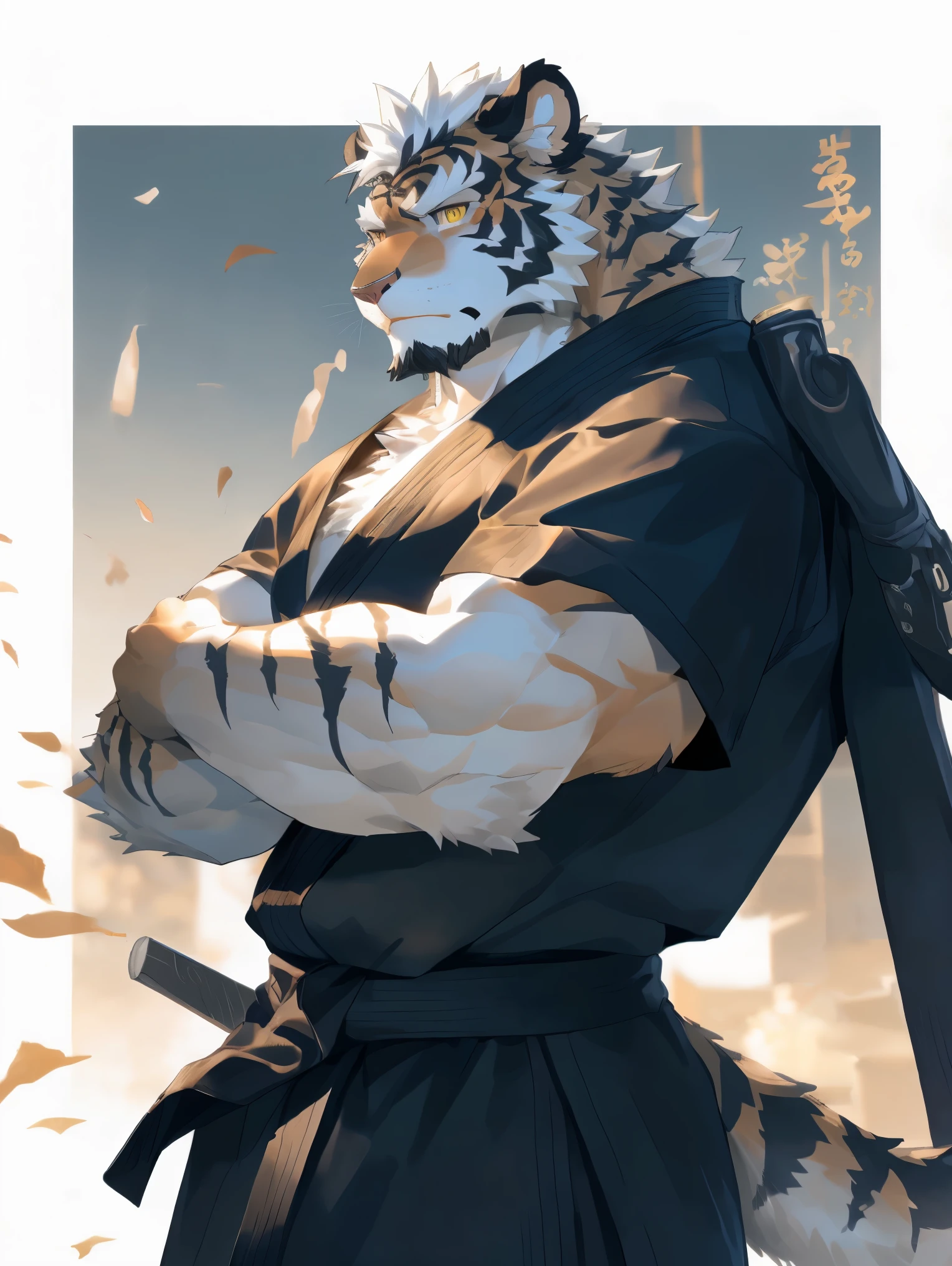 (white skintiger),(上Half body赤膊:1.7),(martial arts衣服:1.4),(Holding a long sword),(Awesome posture),Standing calmly,(The background is a city with an ancient atmosphere，There are busy vendors in the city:1.5),(abdominal muscles),heroic posture飒爽,完美的masterpiece,Various facial details,Close-up view,specific description,masterpiece,(cg),(golden eyes),Black and white pattern,Black and white tail,general,heroic posture,tiger,Black and white fur，Concrete facial details,Half body,(黑白阴阳general战履),(Chang Ling),((middle aged)),(face focus),(16k),(HD),black and white belly，temple，beard,(Face lines),(Different pupils,),(black and white hair),(Strong:1.2),(muscle:1.3),(high resolution:1.3),(Close up),(Detailed face:1.5)，Perfect details,(Half body),(Detailed depiction of the face:1.5),(Zoom in on the face:1.5),(白色Face lines:1.2),(黑色beard:1.3),(white face:1.6),(white body),(white skin,black strips:1.3),(White cheeks:1.5),(The skin color of the face is white:1.3),cg,(The smell of quacks:1.3),(martial arts:1.5),(knight:1.5),(Realistic)