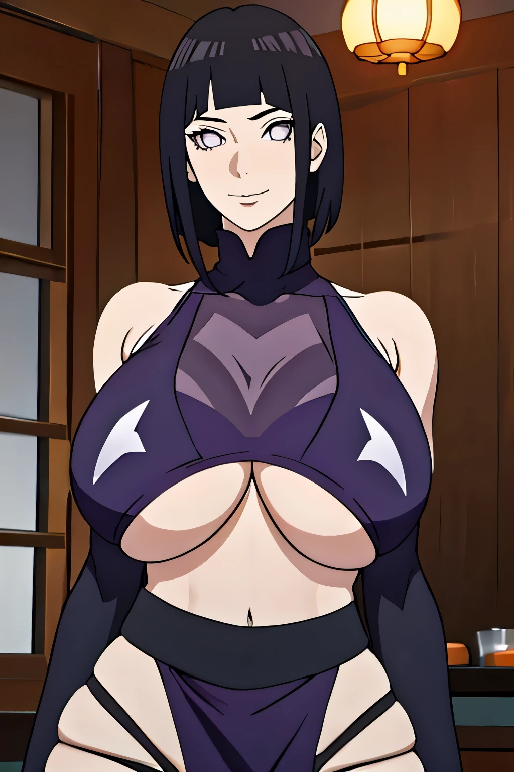 masterpiece, absurdres, hinata\(boruto\), 1girl, solo,mature female, chinese dress, perfect composition, detailed lips, gigantic breast, beautiful face, body propotion, short hair, purple eyes, soft gaze, super realistic, detailed, photoshoot, realistic face and body, (underboob : 1.4), black turtleneck, (gigantic breasts: 1.1), curvy, cowboy shot, bare shoulders, seductive smile, inside, nightclub