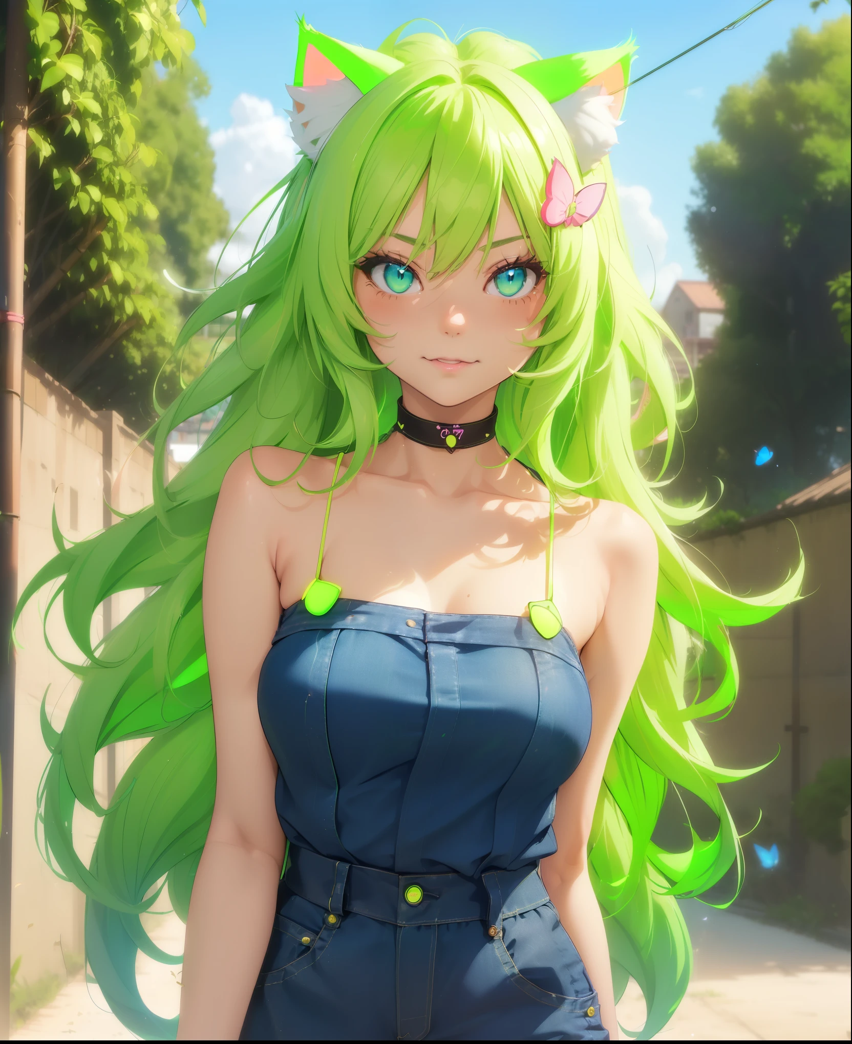(((1 cat girl ))), ((cat ears)) solo, (((long neon green hair blown by the wind))), blue eyes, cropped and short kawaii denim jumpsuit, spaghetti strap, short, lace, look at viewer, luxurious, elegant, extremely detailed, pink lips, smiling, shy, feminine charm, blurry, beautiful sky, trees, garden, butterfly, beautiful flowers, depth of field, shy pose