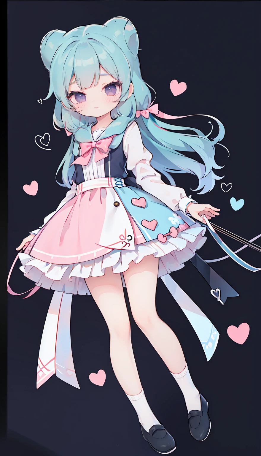 masterpiece, best quality, high resolution, aabeta, double, white simple background, standing, slim waist, cute, sailor uniform, pink bow tie, blue skirt, long socks, (PastelColors: 1.3), full body