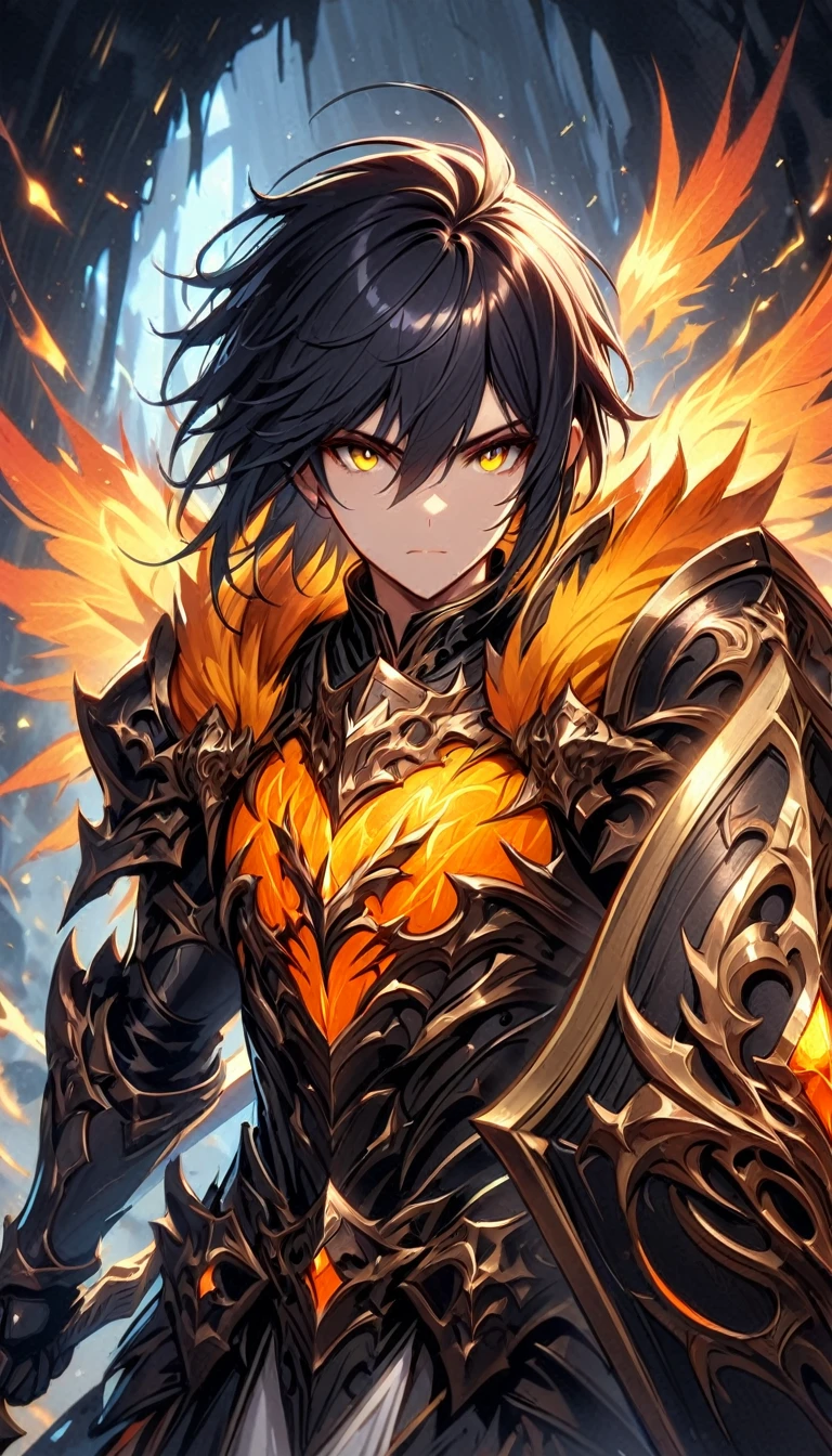 masterpiece, best quality, 1man, adult, male focus, solo, medium black hair, vibrant yellow eyes, gloves, hair between eyes, looking at viewer, cape, High quality metal texture, semi metal armor, closed mouth, black metallic gloves, upper body, bangs, high collar,(kbxll:0.6), Fantasy aesthetics, Highly detailed, shadowverse character concept, shadowverse style, Sword and shield, Full-Boddy, hair in the wind