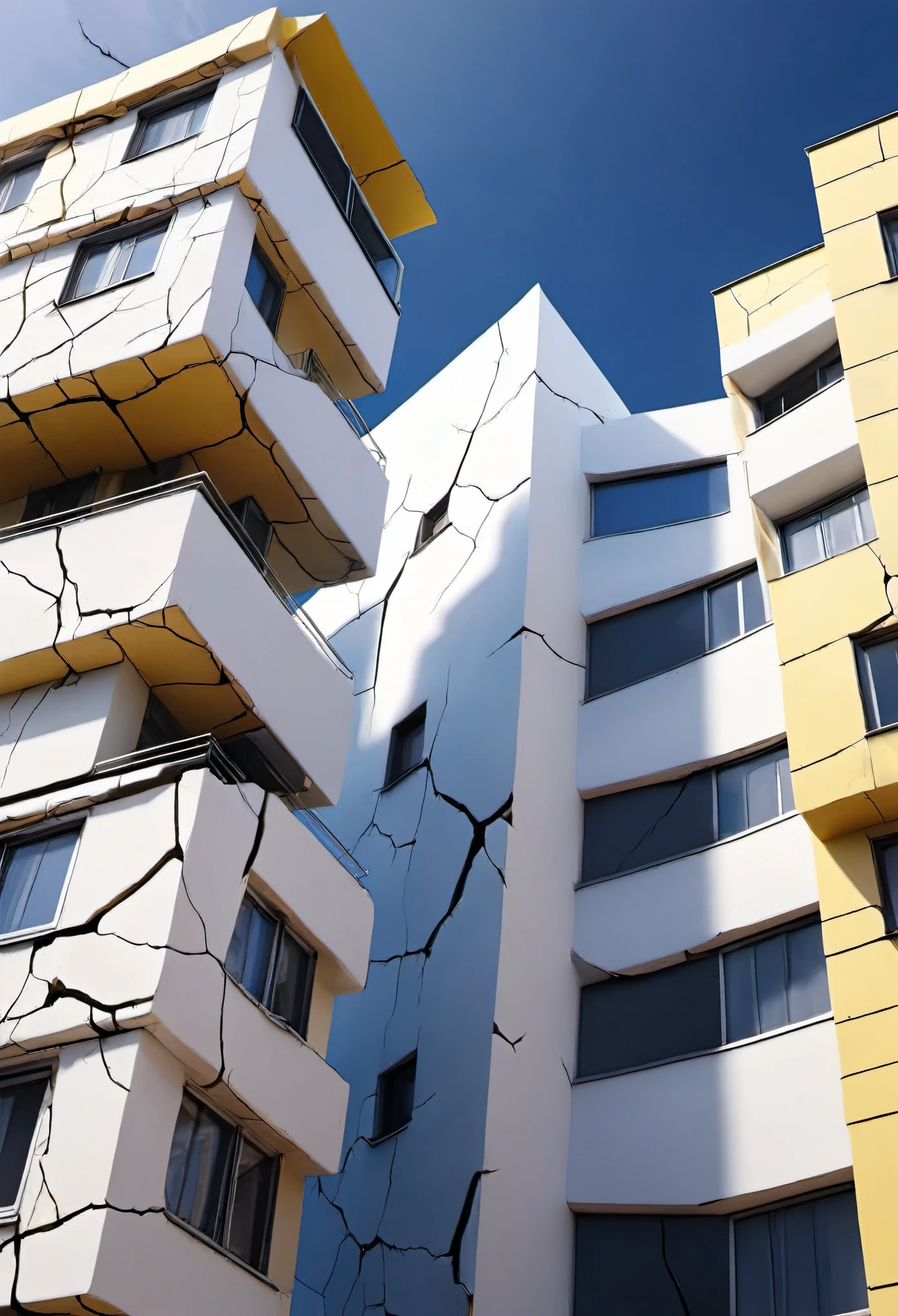 buildings, white, photorealistic, with blue sky, cracks and yellowish tone