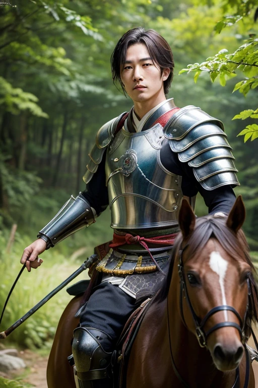 (8K, highest quality, masterpiece:1.2), (realistic, photo-realistic:1.37), Super detailed,highest quality, ultra high resolution, professional lighting, photon mapping, radio city, Physically based rendering, cinematic lighting, 1582 Kai, Japan,Sengoku warlord,Nobushige Oyamada,30 generation men,Handsome guy,Intellectual,Japanese-style armor,Horseback march,mountain path,In the mountains,sunlight filtering through the foliage,mix 4, hiqcgbody