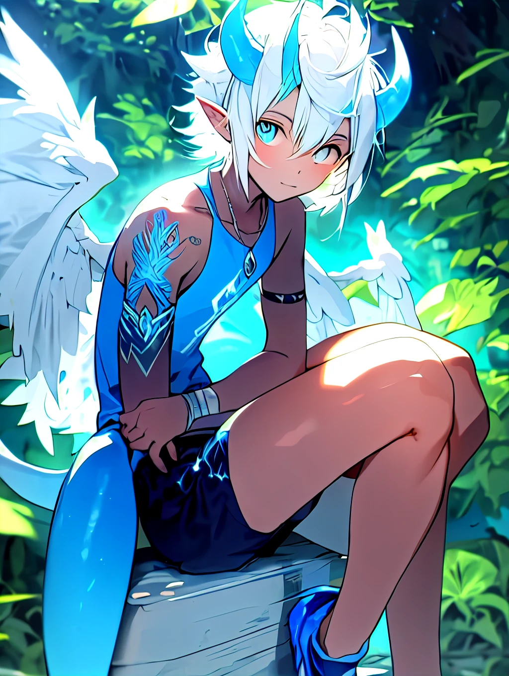 anime - style image of a male with white hair with blue horns, white and blue tail and blue wings, sitting down in a beautiful mystical forest