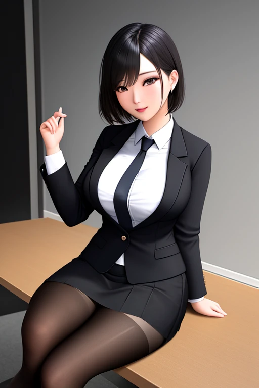 Classy upper-class elite secretary in business shirt, Sitting in a chair and working in the office、Wearing a strict business suit, (Wearing pantyhose)、(Short Layer Hair)、crossed legs, Wear high-end high heels、 (thighhighs and skirt), Girl in a shirt, Wearing a business suit, Wearing a business suit, in a business suit, businesswoman, business clothes, wearing black business suit, Wear shirts and skirts, Woman in business suit, Business attire, business outfit, Raw photo, (8K、top-quality、​masterpiece:1.2)、(intricate detailes:1.4)、(Photorealsitic:1.4)、octane renderings、Complex 3D rendering ultra detail, Studio Soft Light, Rim Lights, vibrant detail, super detailing, realistic skin textures, Detail Face, Beautiful detail eyes, Very detailed CG Unity 16k wallpaper, make - up, (detailedbackground:1.2), Exposed thighs!!!, sex with tentacles