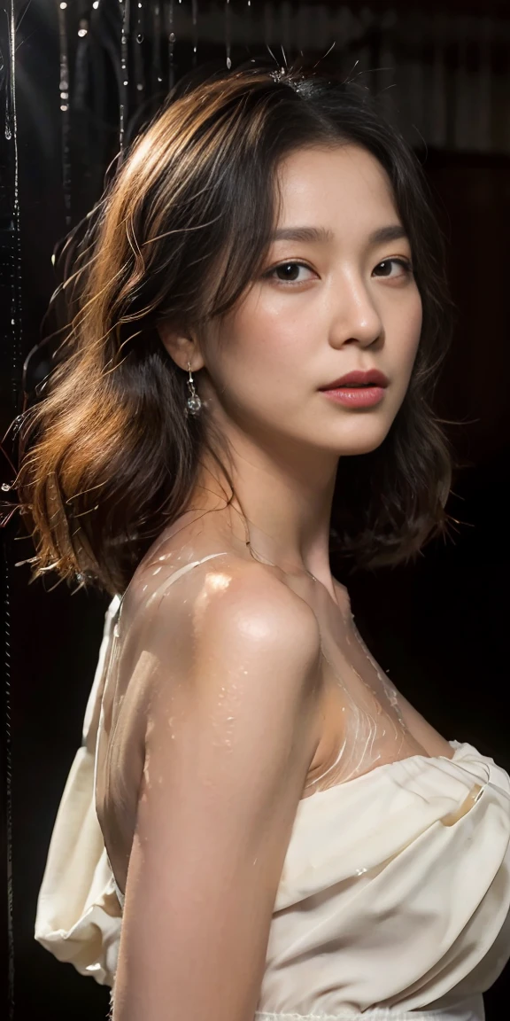 A beautiful woman,woman stands outside in the rain, sparkling skin, Ultimate luxury, Reflecting the rain, (She was drenched by the heavy rain, standing outside in open next to street light)), the most beautiful woman on earth, (Her hair is (dripping wet:1.2), She shines with natural radiance, radiant skin) , wet long hair, (Her summer dress was soaked), An amazing woman, Perfect body,Medium breasts,thin waist,long legs,Her skin was wet, (Super fine节湿裙, fabric, (Raindrops visible in the air, backlight)), (highest quality fabric texture), Wet clothes with highlights, membranous, Raindrops in the air, Splash behind, puddle(surreal , Rainy days, atmosphere ,Soft accent light, Gorgeous Rembrandt style lighting, (Rembrandt Patch)), (highest quality wet fabric texture), matte dress fabrics, Her wet hair, surreal, Decorated with long eyelashes, The color of fireflies, A world of passion. meticulous,(fine grained), (最高細節肌膚紋理桃絨毛耳垂lifelike, water droplets) ○○ res – 超high resolution , The texture is very high (Water highlight resolution), lifelike的 hands and fingers – (lifelike美丽 4k) , 8K,Extreme details, close, She looks at the camera, tease, Her perfectly sculpted lips, lifelike, Highly realistic and natural lips. she is a, Vermeer, a work of art, Tempting. pamper.Solo woman, (highest quality fabric texture), Light-colored hair, every detail,Exquisite facial features, Masterpiece – Masterpiece ○○ Quality – (best quality) ,Leica film, High quality ○○ detailed – ○○ super detailed(Super fine ), lifelike的, Very detailed(Very detailed) , meticulous, (最高细节water dropletslifelike)○○ 解析度 – ○○ 解析度超high resolution(high resolution)